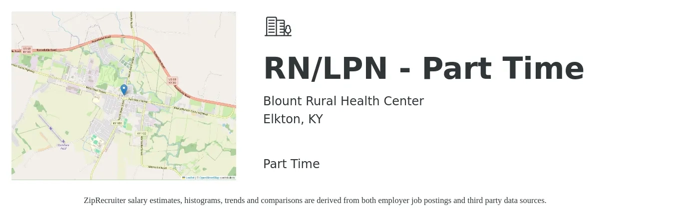 Blount Rural Health Center job posting for a RN/LPN - Part Time in Elkton, KY with a salary of $26 to $35 Hourly with a map of Elkton location.