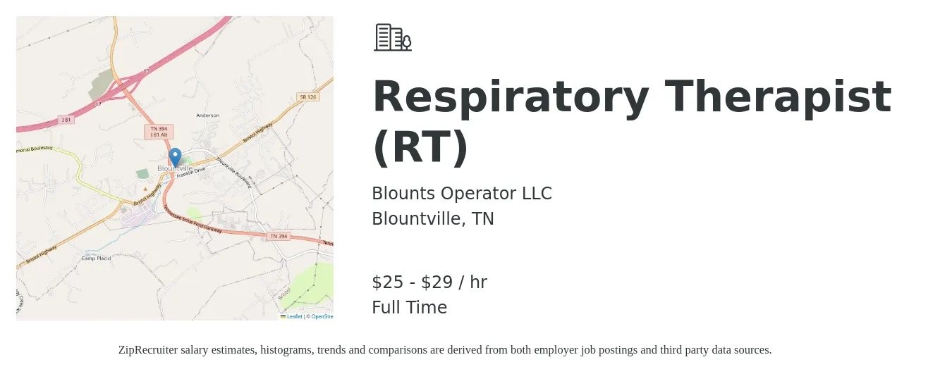 Blounts Operator LLC job posting for a Respiratory Therapist (RT) in Blountville, TN with a salary of $26 to $31 Hourly with a map of Blountville location.