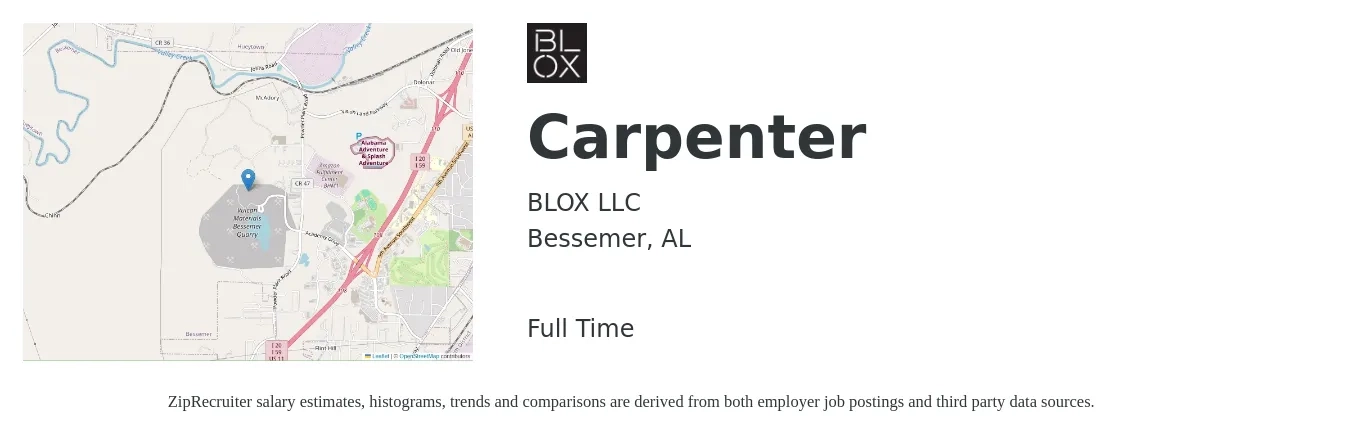 BLOX LLC job posting for a Carpenter in Bessemer, AL with a salary of $20 to $26 Hourly with a map of Bessemer location.