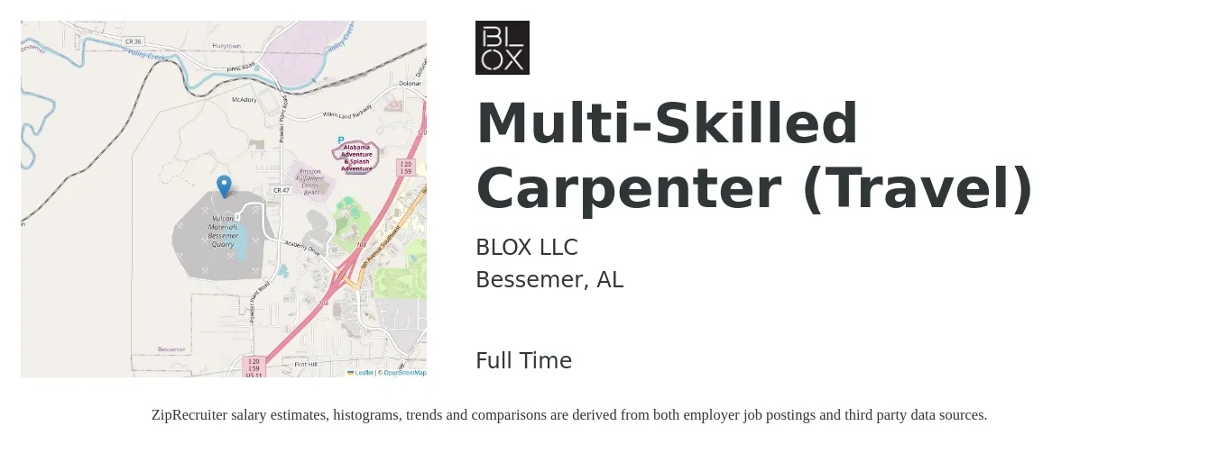 BLOX LLC job posting for a Multi-Skilled Carpenter (Travel) in Bessemer, AL with a salary of $20 to $26 Hourly with a map of Bessemer location.