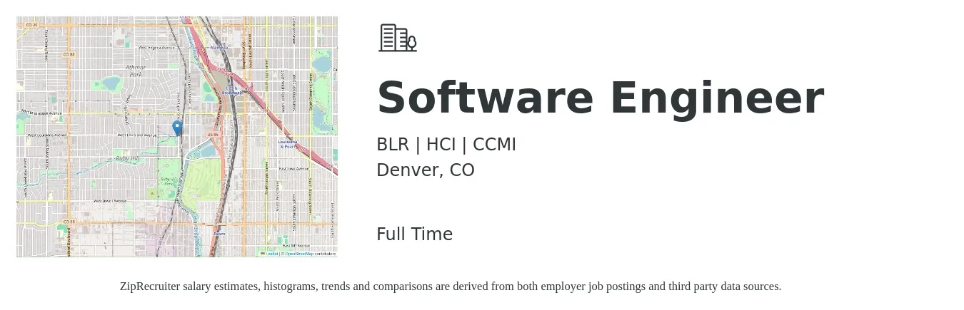 BLR | HCI | CCMI job posting for a Software Engineer in Denver, CO with a salary of $123,500 to $178,100 Yearly with a map of Denver location.