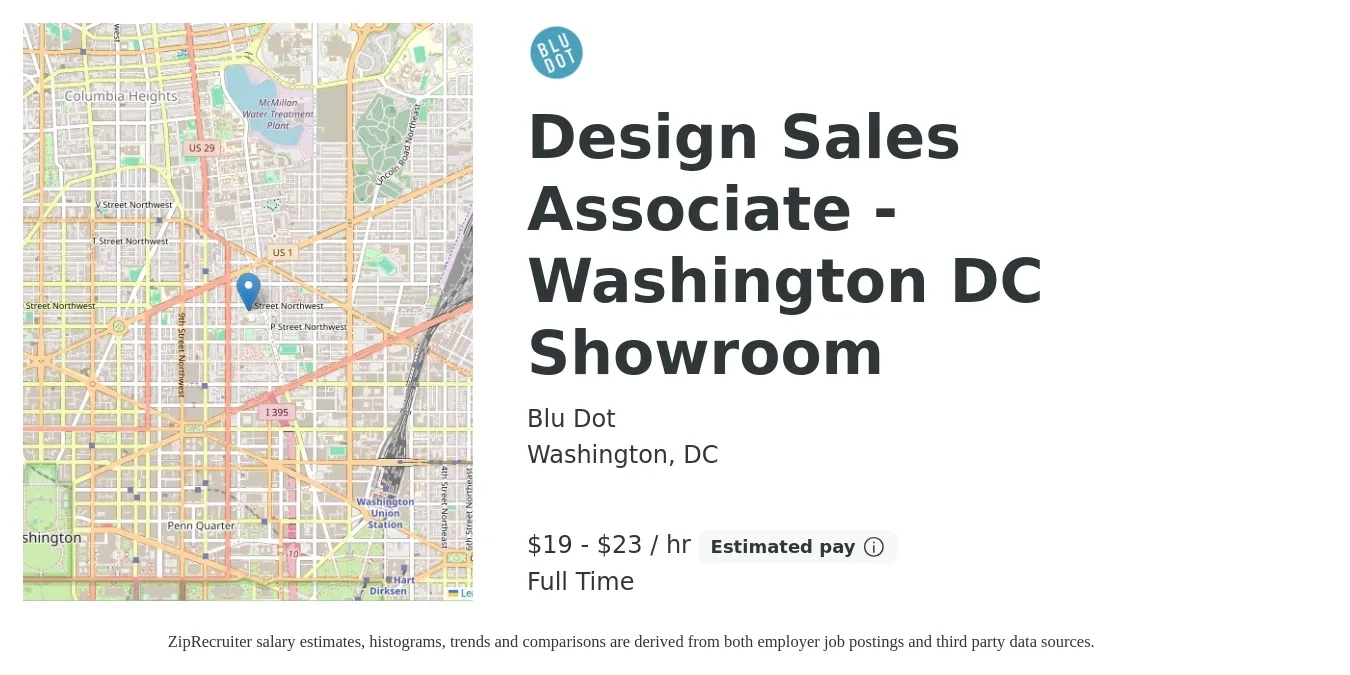 Blu Dot job posting for a Design Sales Associate - Washington DC Showroom in Washington, DC with a salary of $20 to $24 Hourly with a map of Washington location.
