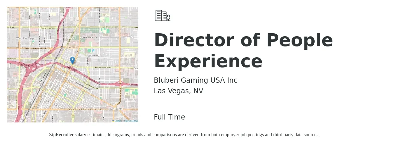 Bluberi Gaming USA Inc job posting for a Director of People Experience in Las Vegas, NV with a salary of $84,900 to $131,000 Yearly with a map of Las Vegas location.