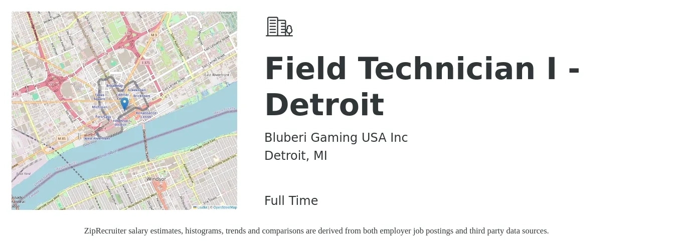 Bluberi Gaming USA Inc job posting for a Field Technician I - Detroit in Detroit, MI with a salary of $20 to $27 Hourly with a map of Detroit location.