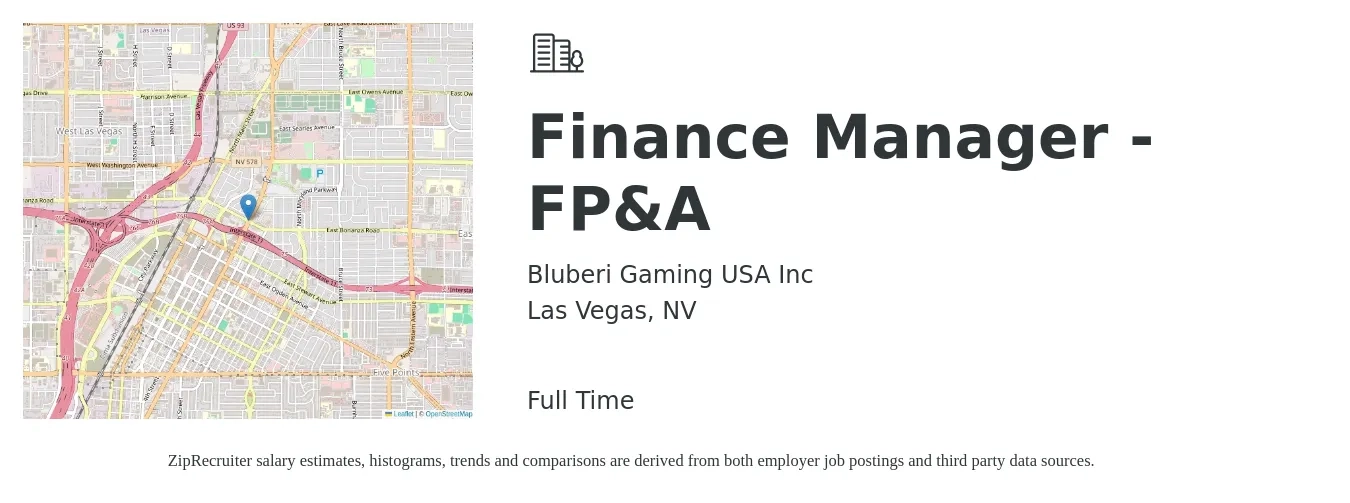 Bluberi Gaming USA Inc job posting for a Finance Manager - FP&A in Las Vegas, NV with a salary of $90,700 to $161,200 Yearly with a map of Las Vegas location.