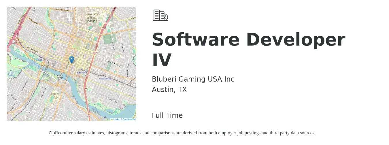 Bluberi Gaming USA Inc job posting for a Software Developer IV in Austin, TX with a salary of $89,300 to $129,000 Yearly with a map of Austin location.