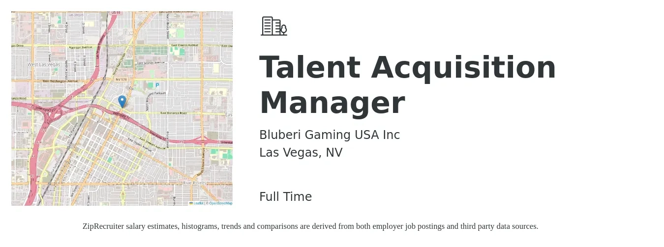 Bluberi Gaming USA Inc job posting for a Talent Acquisition Manager in Las Vegas, NV with a salary of $66,700 to $95,900 Yearly with a map of Las Vegas location.