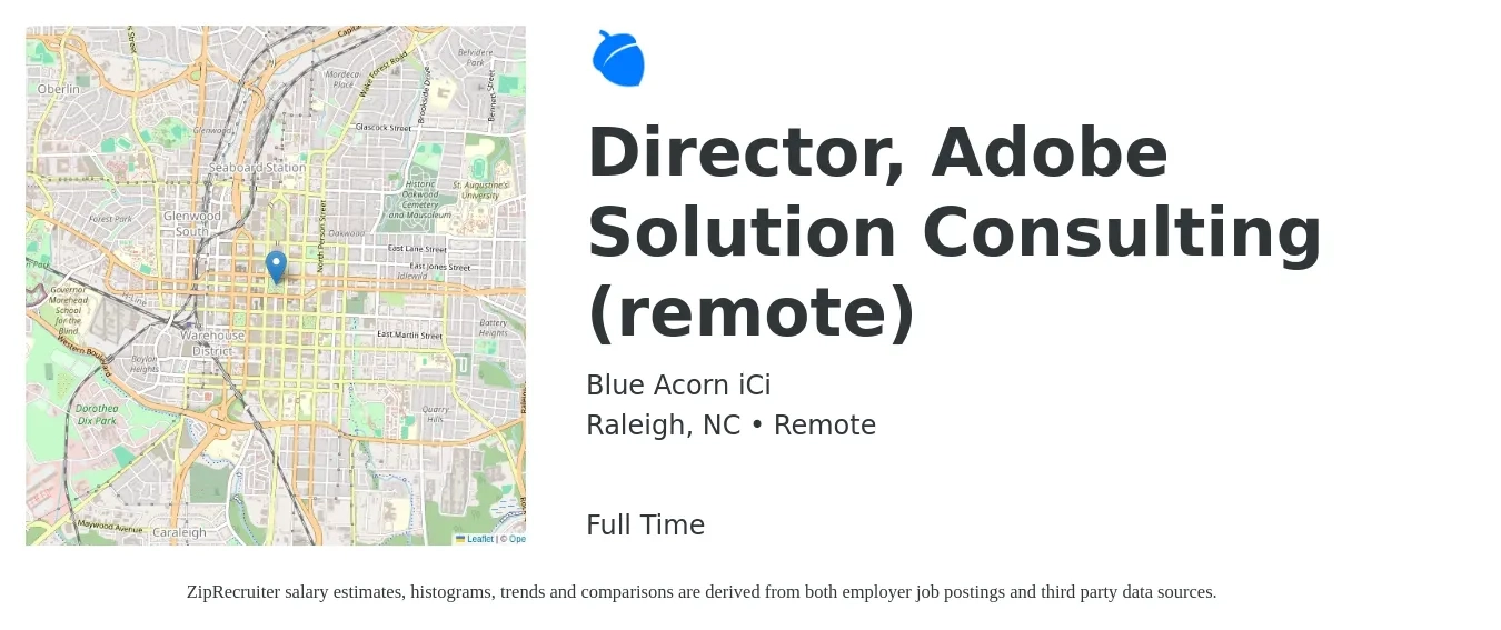 Blue Acorn iCi job posting for a Director, Adobe Solution Consulting (remote) in Raleigh, NC with a map of Raleigh location.