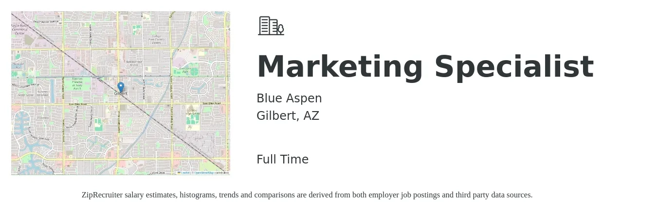 Blue Aspen job posting for a Marketing Specialist in Gilbert, AZ with a salary of $46,400 to $68,300 Yearly with a map of Gilbert location.
