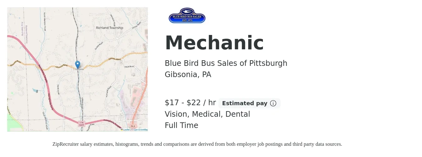 Blue Bird Bus Sales of Pittsburgh job posting for a Mechanic in Gibsonia, PA with a salary of $18 to $23 Hourly and benefits including vision, dental, life_insurance, medical, pto, and retirement with a map of Gibsonia location.