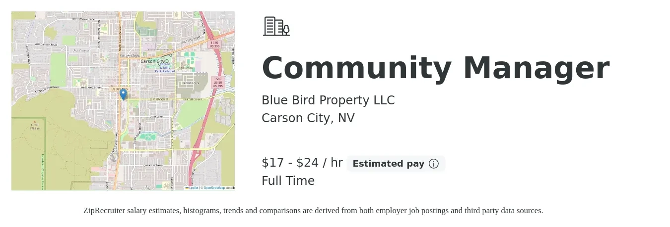 Blue Bird Property LLC job posting for a Community Manager in Carson City, NV with a salary of $18 to $25 Hourly with a map of Carson City location.