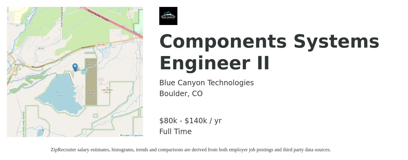 Blue Canyon Technologies job posting for a Components Systems Engineer II in Boulder, CO with a salary of $80,000 to $140,000 Yearly with a map of Boulder location.