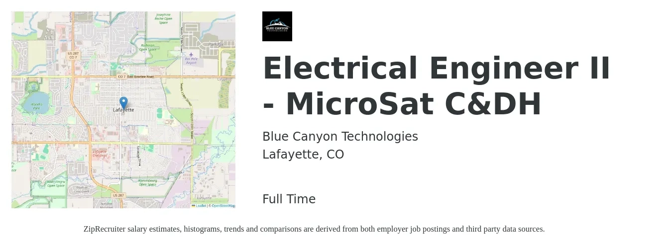 Blue Canyon Technologies job posting for a Electrical Engineer II - MicroSat C&DH in Lafayette, CO with a salary of $80,000 to $140,000 Yearly with a map of Lafayette location.