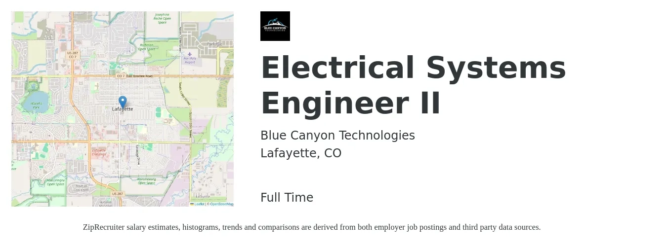 Blue Canyon Technologies job posting for a Electrical Systems Engineer II in Lafayette, CO with a salary of $80,000 to $140,000 Yearly with a map of Lafayette location.