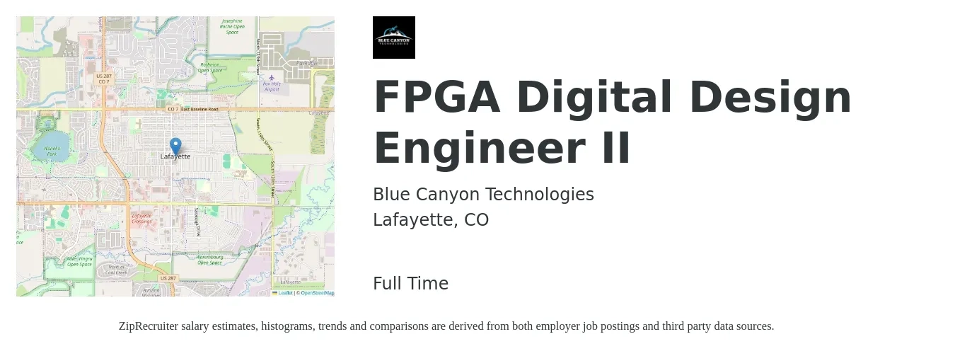 Blue Canyon Technologies job posting for a FPGA Digital Design Engineer II in Lafayette, CO with a salary of $80,000 to $140,000 Yearly with a map of Lafayette location.