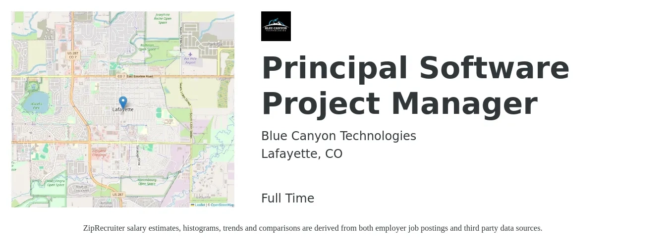 Blue Canyon Technologies job posting for a Principal Software Project Manager in Lafayette, CO with a salary of $220,000 Yearly with a map of Lafayette location.