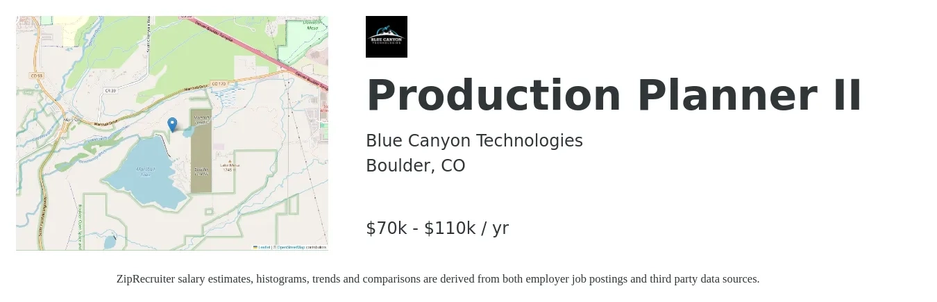 Blue Canyon Technologies job posting for a Production Planner II in Boulder, CO with a salary of $70,000 to $110,000 Yearly with a map of Boulder location.