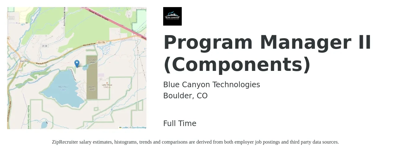 Blue Canyon Technologies job posting for a Program Manager II (Components) in Boulder, CO with a salary of $100,000 to $175,000 Yearly with a map of Boulder location.