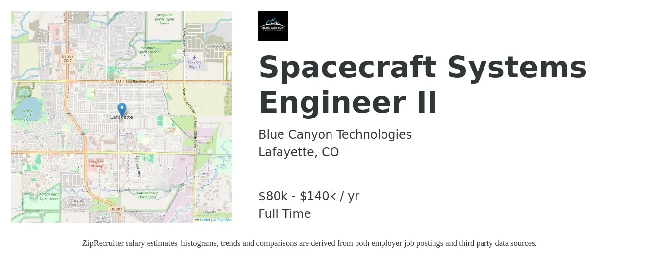 Blue Canyon Technologies job posting for a Spacecraft Systems Engineer II in Lafayette, CO with a salary of $80,000 to $140,000 Yearly with a map of Lafayette location.