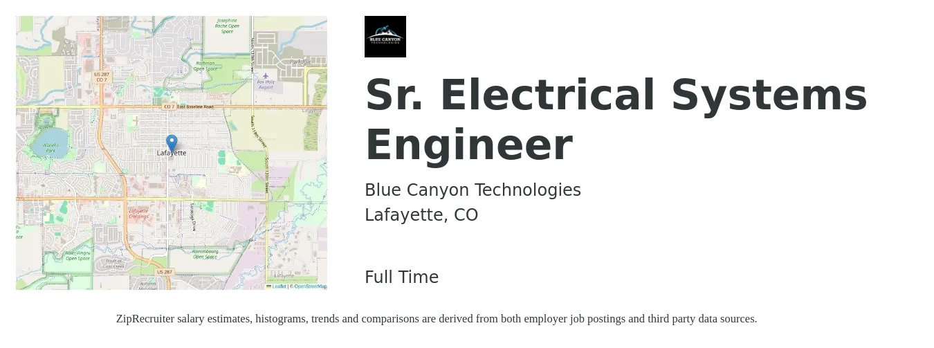 Blue Canyon Technologies job posting for a Sr. Electrical Systems Engineer in Lafayette, CO with a salary of $100,000 to $185,000 Yearly with a map of Lafayette location.