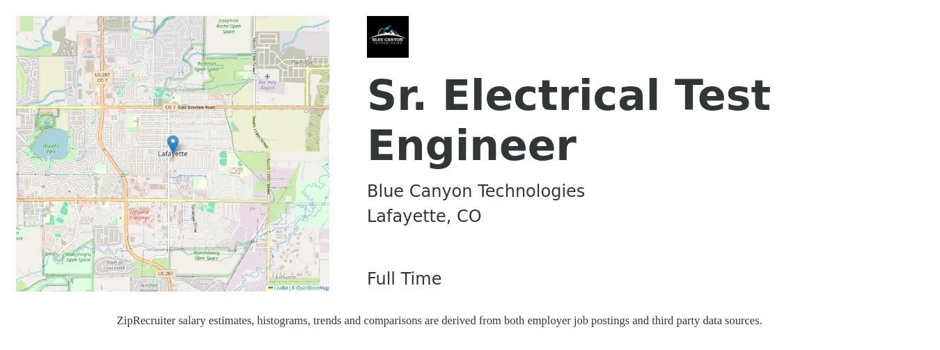 Blue Canyon Technologies job posting for a Sr. Electrical Test Engineer in Lafayette, CO with a salary of $100,000 to $185,000 Yearly with a map of Lafayette location.