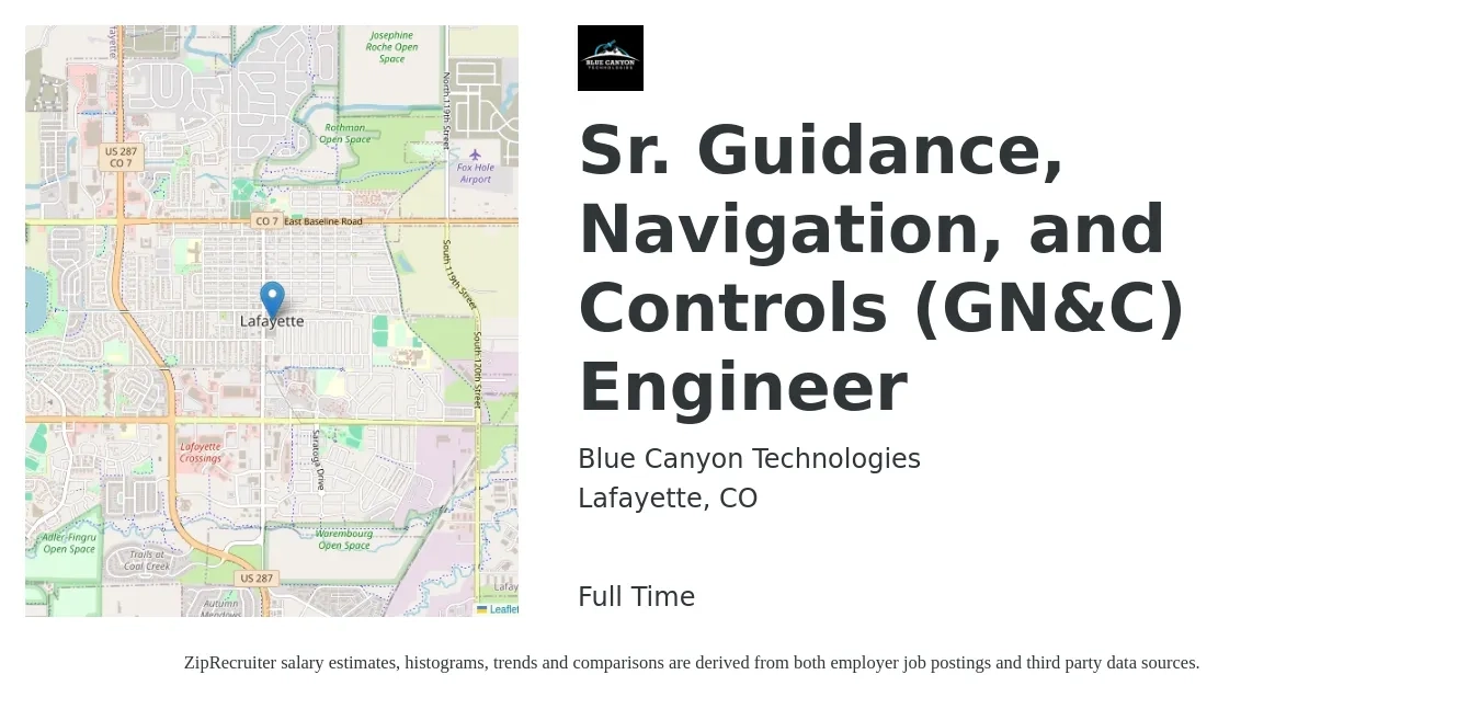 Blue Canyon Technologies job posting for a Sr. Guidance, Navigation, and Controls (GN&C) Engineer in Lafayette, CO with a salary of $100,000 to $185,000 Yearly with a map of Lafayette location.