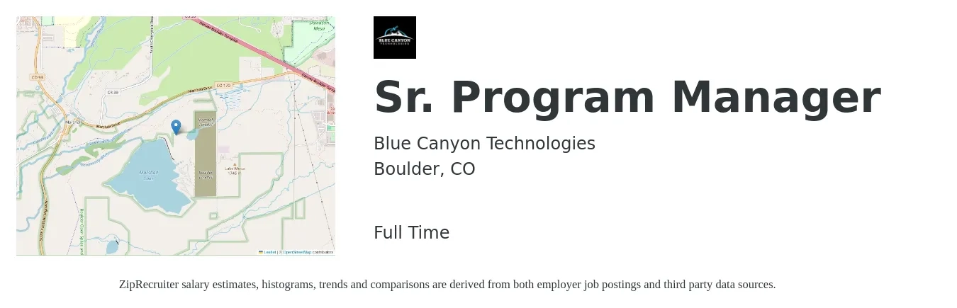 Blue Canyon Technologies job posting for a Sr. Program Manager in Boulder, CO with a salary of $135,000 to $215,000 Yearly with a map of Boulder location.