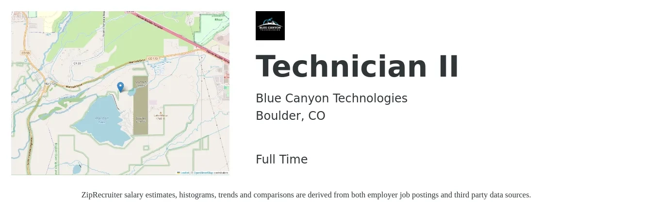 Blue Canyon Technologies job posting for a Technician II in Boulder, CO with a salary of $25 to $43 Hourly with a map of Boulder location.