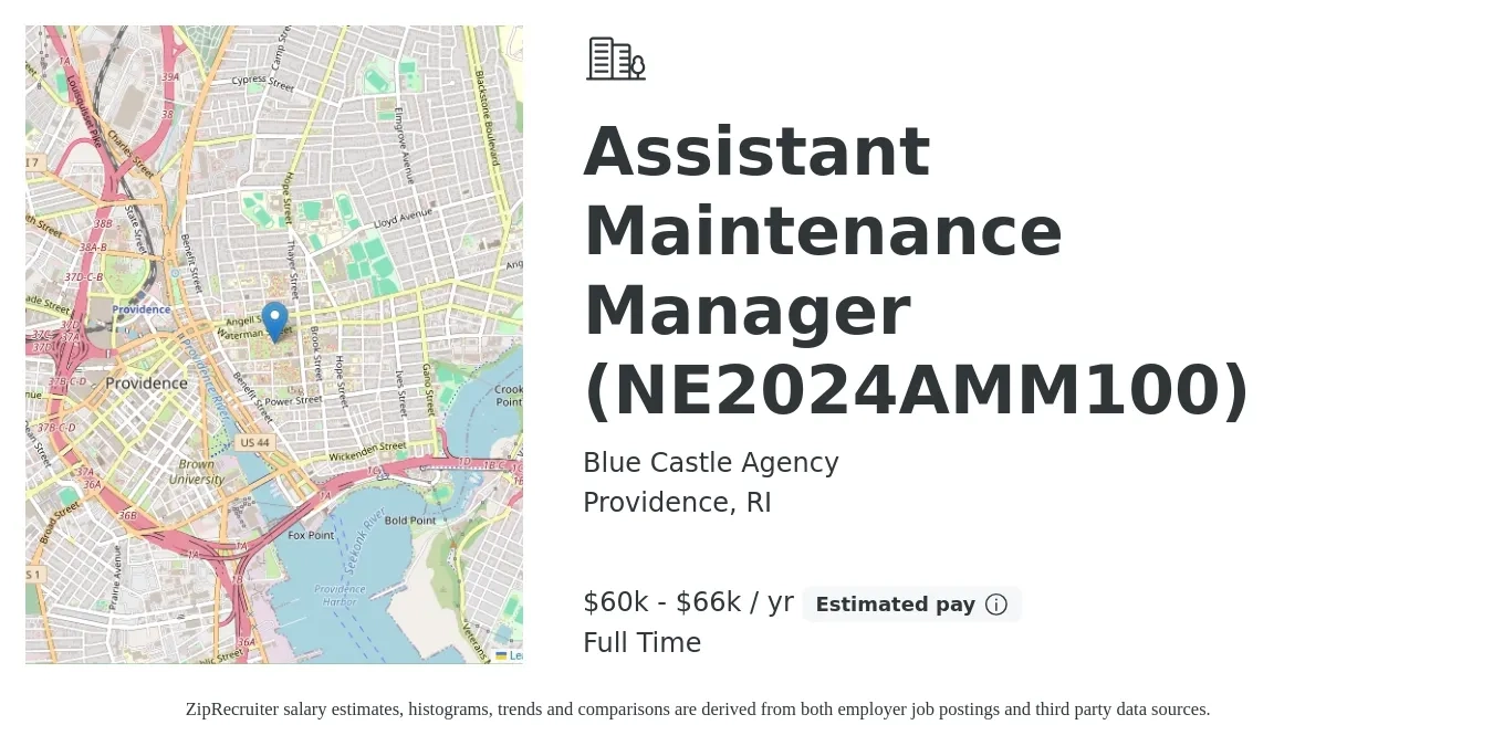 Blue Castle Agency job posting for a Assistant Maintenance Manager (NE2024AMM100) in Providence, RI with a salary of $60,000 to $66,000 Yearly with a map of Providence location.