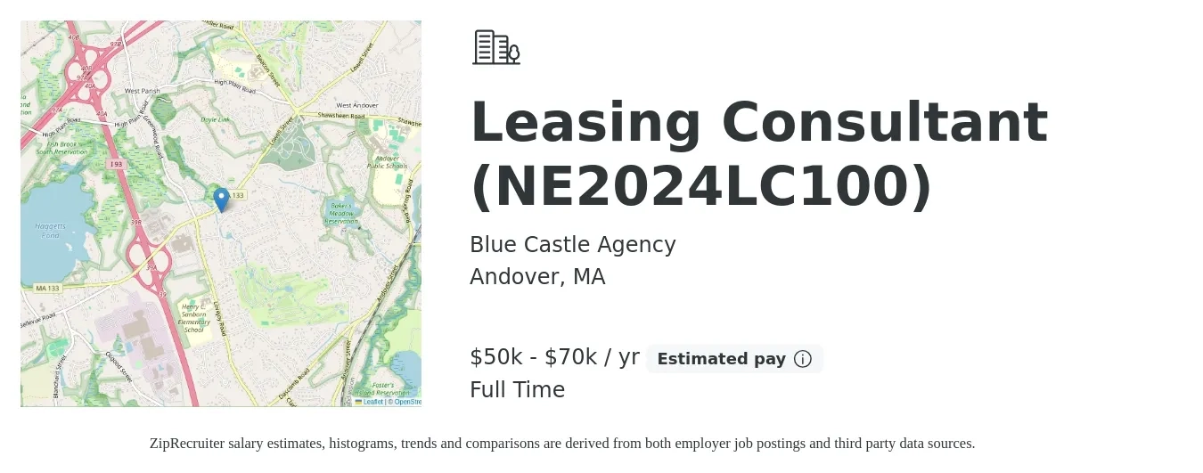 Blue Castle Agency job posting for a Leasing Consultant (NE2024LC100) in Andover, MA with a salary of $50,000 to $70,000 Yearly with a map of Andover location.