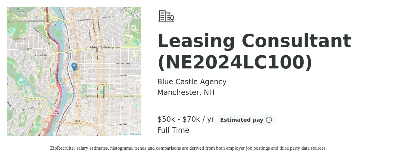 Blue Castle Agency job posting for a Leasing Consultant (NE2024LC100) in Manchester, NH with a salary of $50,000 to $70,000 Yearly with a map of Manchester location.