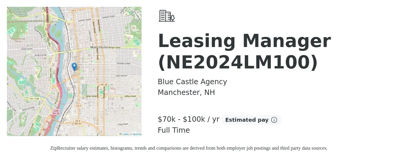 Blue Castle Agency job posting for a Leasing Manager (NE2024LM100) in Manchester, NH with a salary of $70,000 to $100,000 Yearly with a map of Manchester location.
