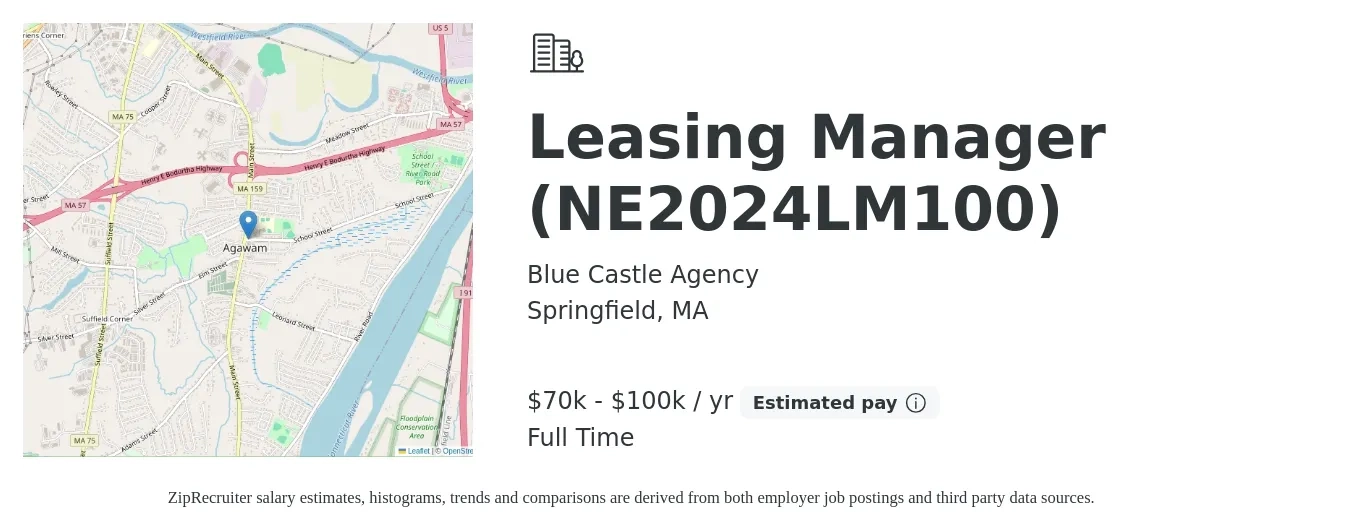 Blue Castle Agency job posting for a Leasing Manager (NE2024LM100) in Springfield, MA with a salary of $70,000 to $100,000 Yearly with a map of Springfield location.