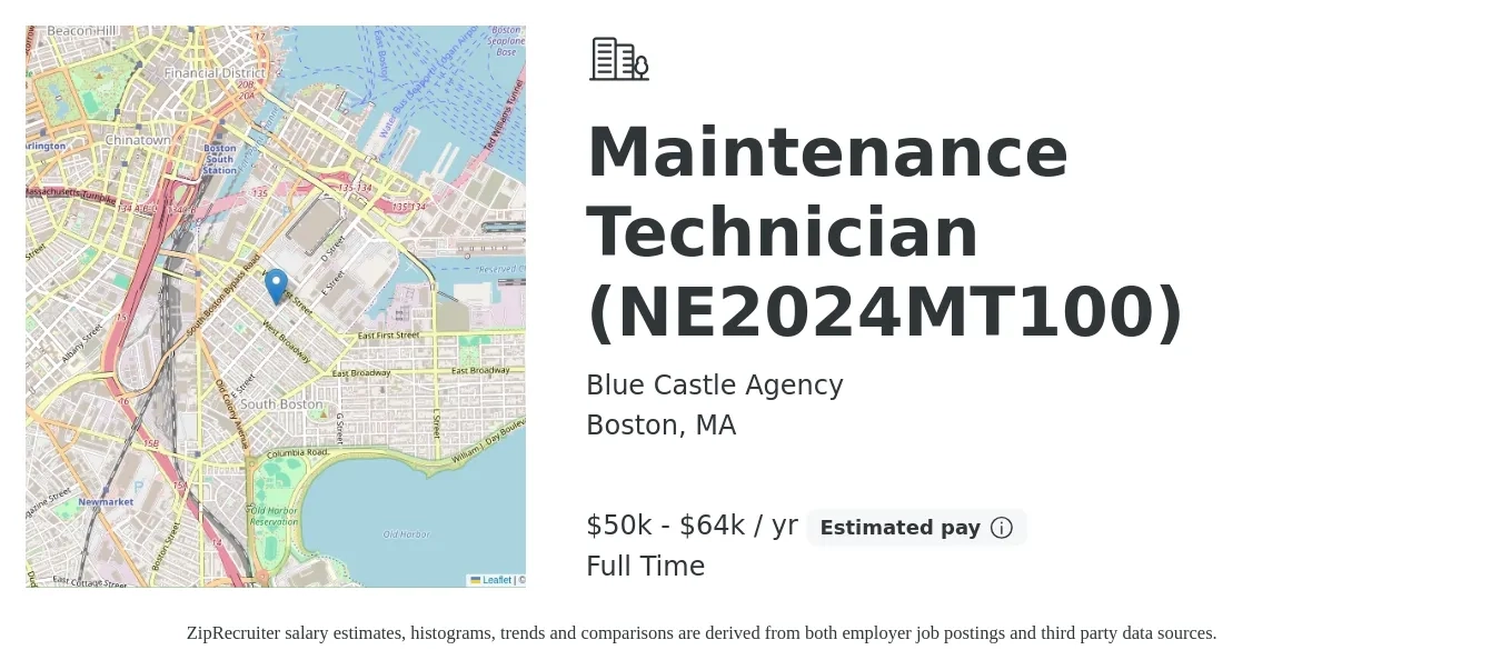 Blue Castle Agency job posting for a Maintenance Technician (NE2024MT100) in Boston, MA with a salary of $50,000 to $64,000 Yearly with a map of Boston location.