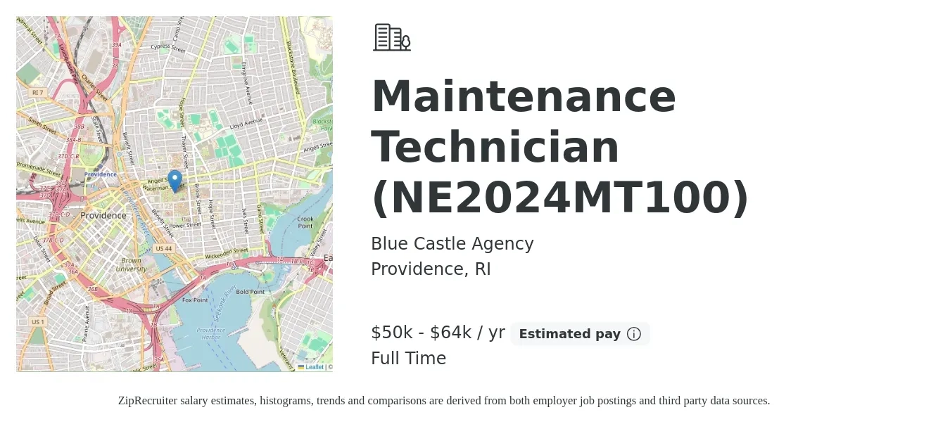 Blue Castle Agency job posting for a Maintenance Technician (NE2024MT100) in Providence, RI with a salary of $50,000 to $64,000 Yearly with a map of Providence location.