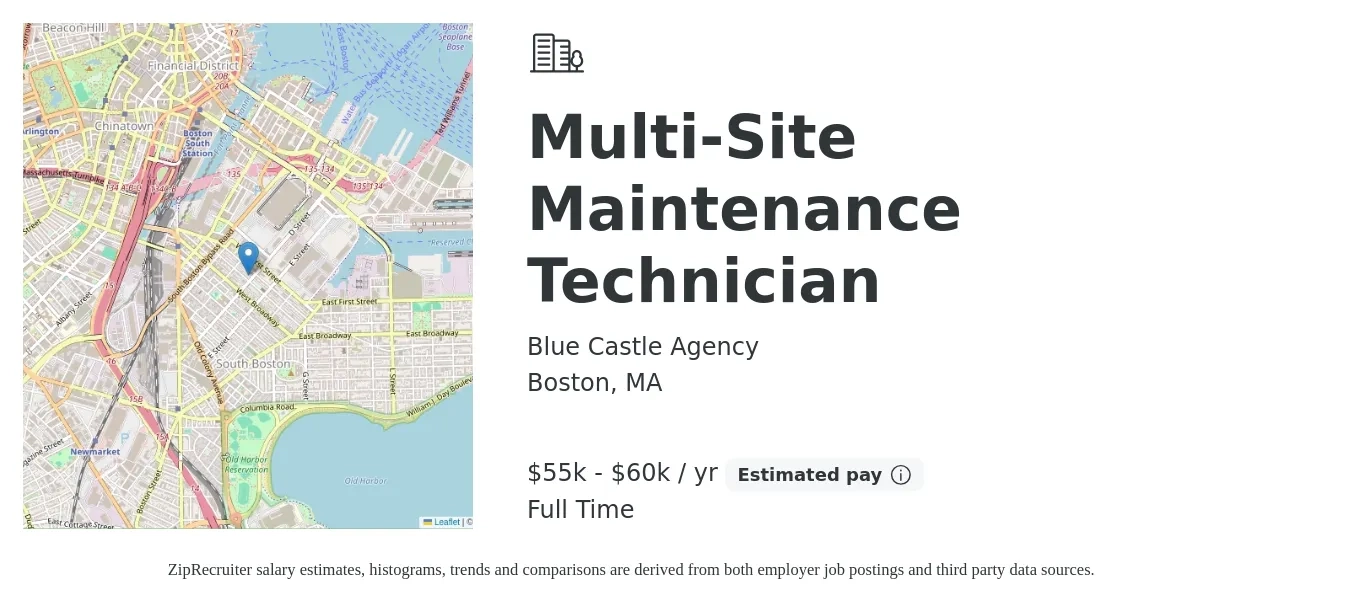 Blue Castle Agency job posting for a Multi-Site Maintenance Technician in Boston, MA with a salary of $55,000 to $60,000 Yearly with a map of Boston location.