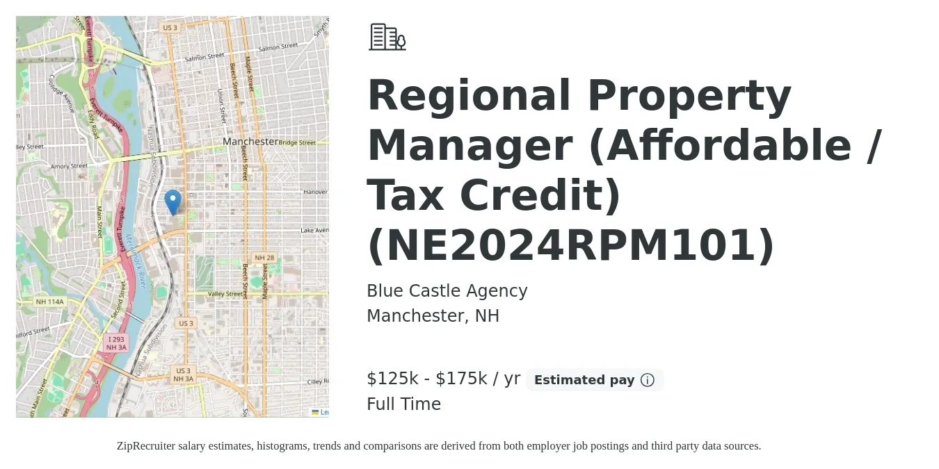 Blue Castle Agency job posting for a Regional Property Manager (Affordable / Tax Credit) (NE2024RPM101) in Manchester, NH with a salary of $125,000 to $175,000 Yearly with a map of Manchester location.