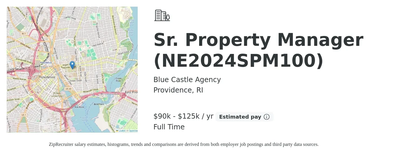 Blue Castle Agency job posting for a Sr. Property Manager (NE2024SPM100) in Providence, RI with a salary of $90,000 to $125,000 Yearly with a map of Providence location.