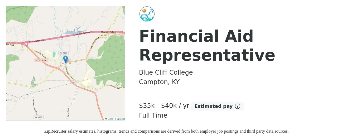 Blue Cliff College job posting for a Financial Aid Representative in Campton, KY with a salary of $35,000 to $40,000 Yearly with a map of Campton location.