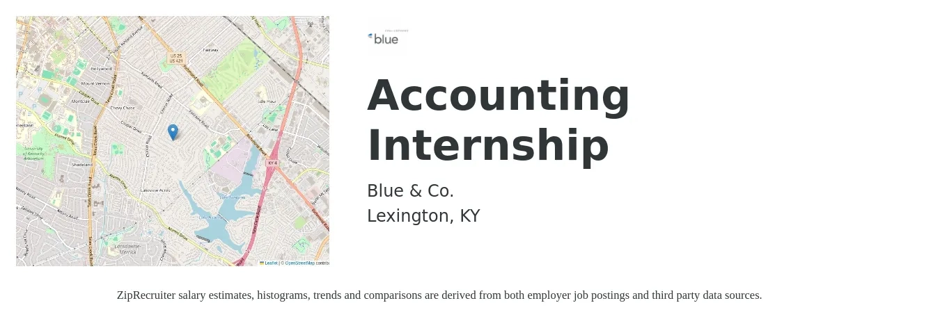 Blue & Co. job posting for a Accounting Internship in Lexington, KY with a salary of $14 to $18 Hourly with a map of Lexington location.