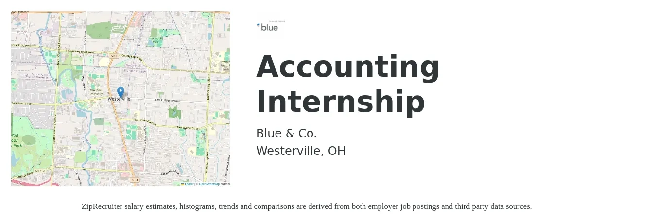 Blue & Co. job posting for a Accounting Internship in Westerville, OH with a salary of $16 to $20 Hourly with a map of Westerville location.
