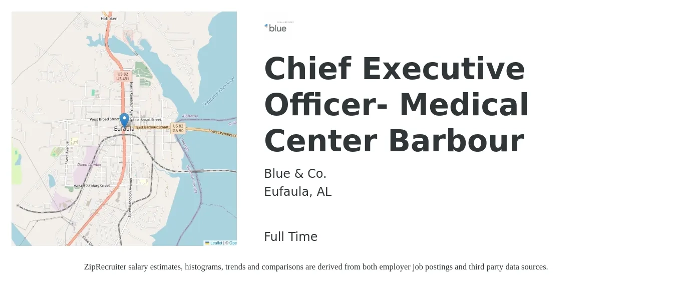 Blue & Co. job posting for a Chief Executive Officer- Medical Center Barbour in Eufaula, AL with a salary of $92,500 to $166,300 Yearly with a map of Eufaula location.