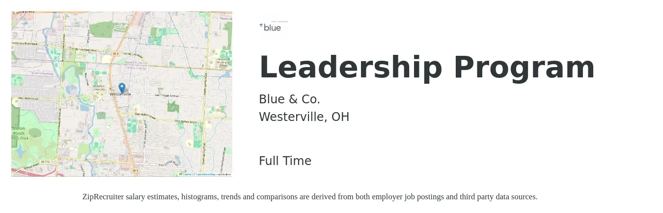 Blue & Co. job posting for a Leadership Program in Westerville, OH with a salary of $36,400 to $46,100 Yearly with a map of Westerville location.