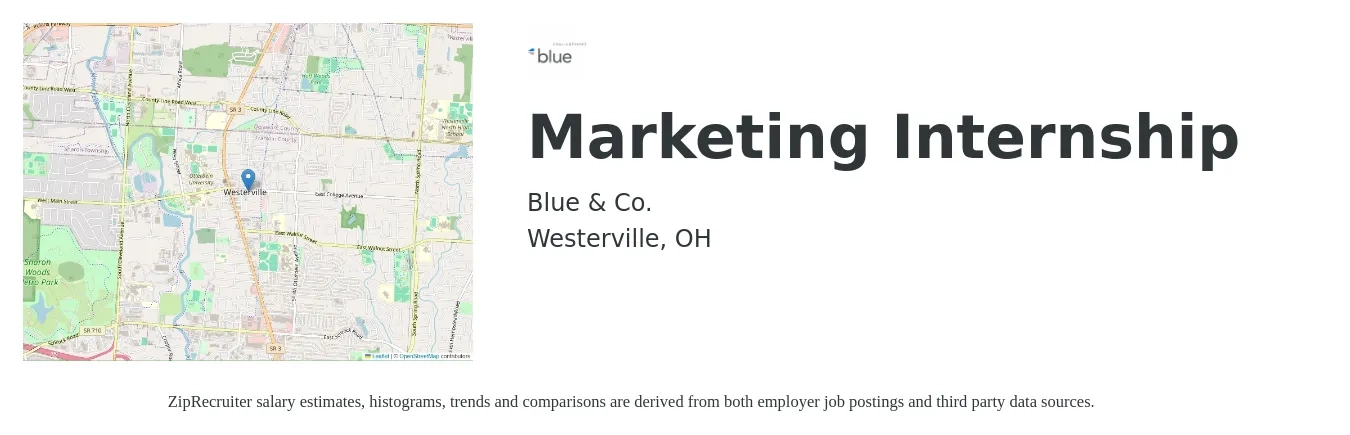 Blue & Co. job posting for a Marketing Internship in Westerville, OH with a salary of $14 to $20 Hourly with a map of Westerville location.
