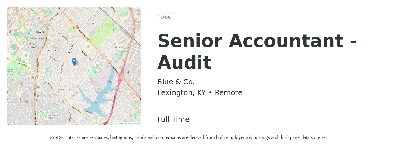 Blue & Co. job posting for a Senior Accountant - Audit in Lexington, KY with a salary of $64,700 to $81,300 Yearly with a map of Lexington location.