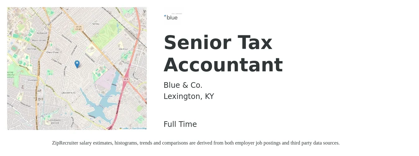 Blue & Co. job posting for a Senior Tax Accountant in Lexington, KY with a salary of $71,600 to $91,700 Yearly with a map of Lexington location.