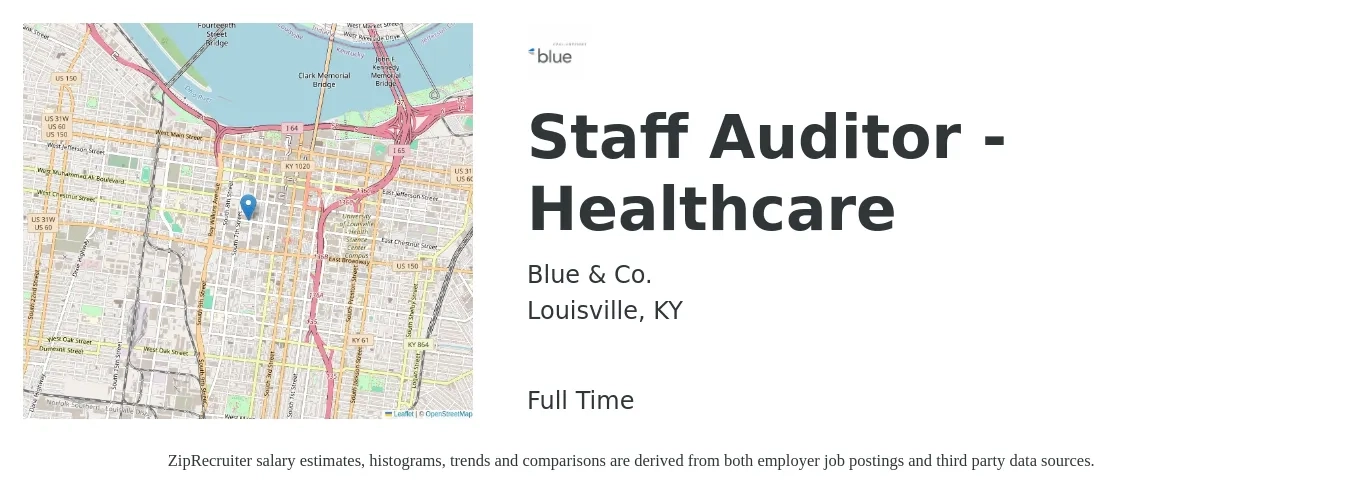 Blue & Co. job posting for a Staff Auditor - Healthcare in Louisville, KY with a salary of $49,000 to $90,100 Yearly with a map of Louisville location.