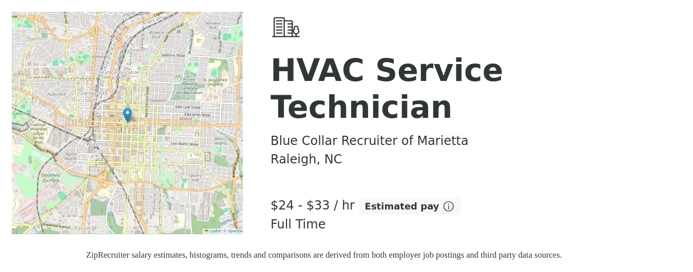 Blue Collar Recruiter of Marietta job posting for a HVAC Service Technician in Raleigh, NC with a salary of $22 to $30 Hourly with a map of Raleigh location.