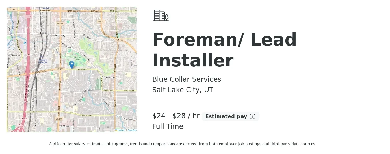 Blue Collar Services job posting for a Foreman/ Lead Installer in Salt Lake City, UT with a salary of $25 to $30 Hourly with a map of Salt Lake City location.