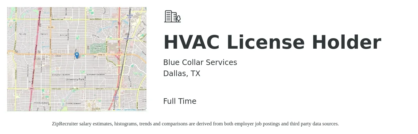 Blue Collar Services job posting for a HVAC License Holder in Dallas, TX with a salary of $1,500 Monthly with a map of Dallas location.